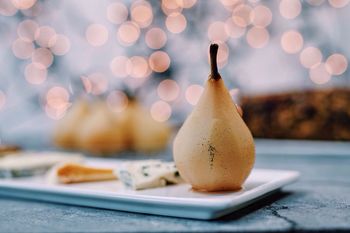Close-up of pear on table