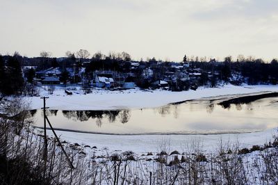 Scenic view of lake against sky during winter