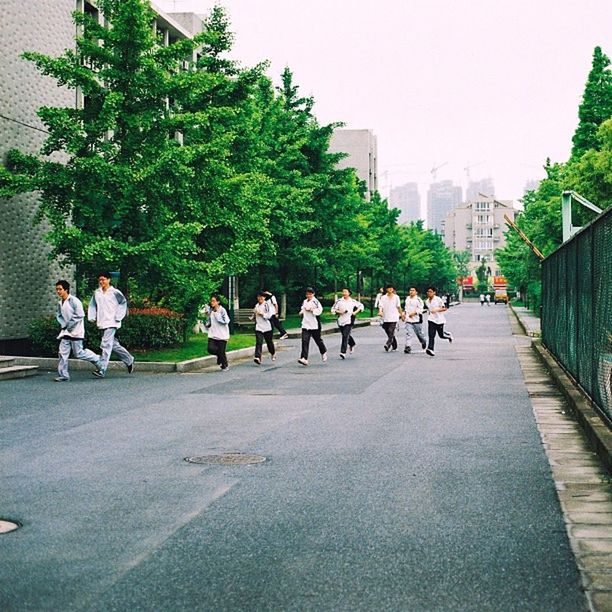 men, lifestyles, street, building exterior, tree, person, city, clear sky, walking, leisure activity, road, architecture, the way forward, built structure, full length, large group of people, transportation, city life, togetherness