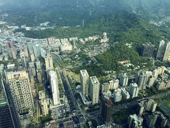 High angle view of modern buildings in city