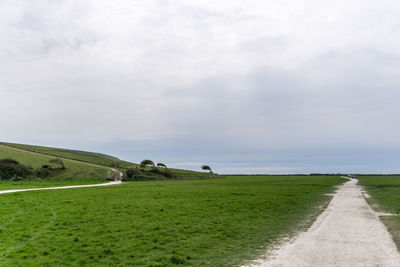 Road passing through grassy field against cloudy sky