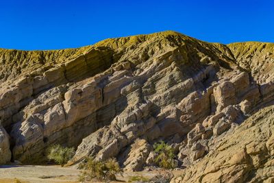 Low angle view of rock formations against clear blue sky