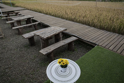 High angle view of pier on field