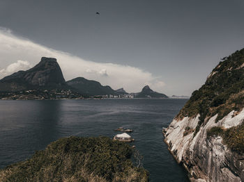 Scenic view of sea and mountains against sky