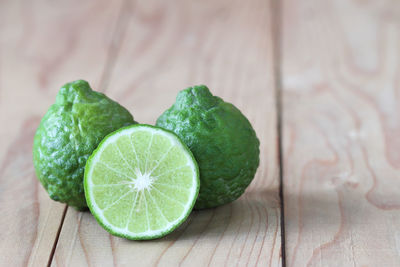 High angle view of green leaf on table