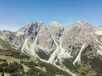 Panoramic view of snowcapped mountains against clear blue sky