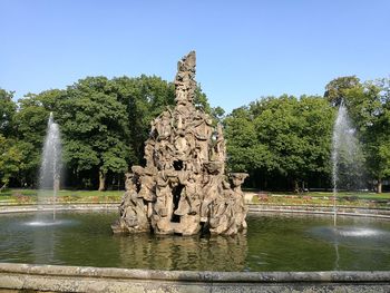 Fountain in park against clear sky