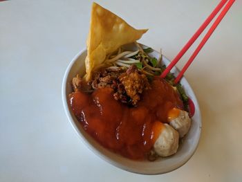 High angle view of meal served in bowl