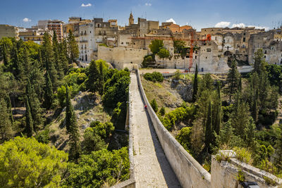 Aerial view of city old buildings in town