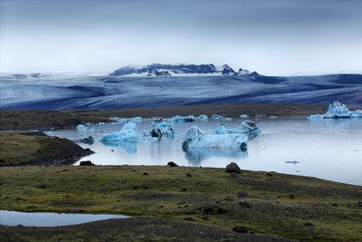 Scenic view of glacier in lake against sky