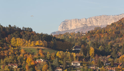 Scenic view of mountains against sky during autumn