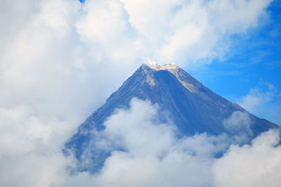 Low angle view of snowcapped mountains against sky