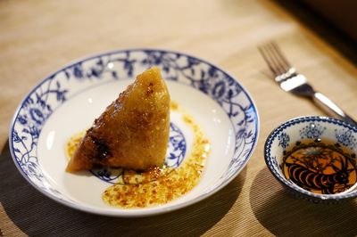 High angle view of meal served on table