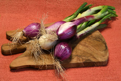 High angle view of vegetables on cutting board