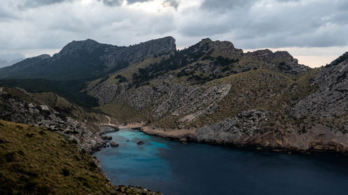 Scenic view of lake and mountains against sky