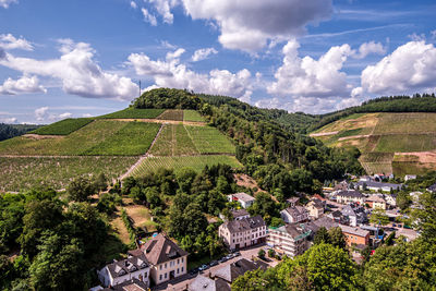 Panoramic view of trees and buildings against sky