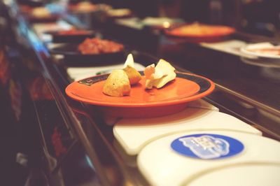 High angle view of food in plate on table