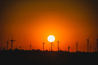 Silhouette of wind turbines at sunset