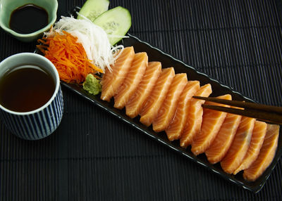 High angle view of sushi in plate on table