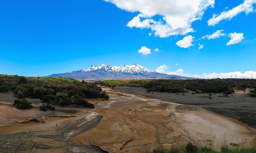 Scenic view of snowcapped mountains against blue sky