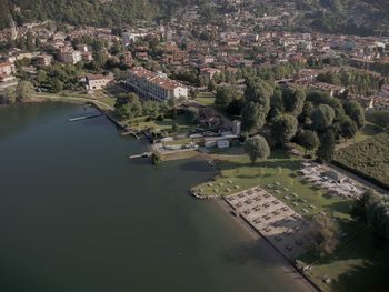 Italian beach and village at the lugano lake