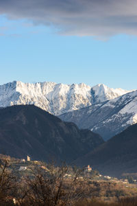 Scenic view of snowcapped mountains against sky