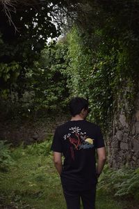 Rear view of man standing by trees in forest