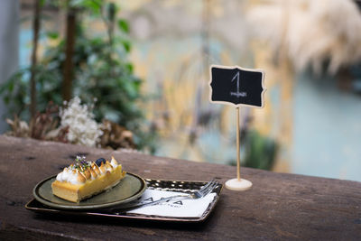 Close-up of dessert served on table