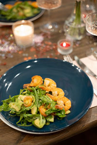 High angle view of meal served on table