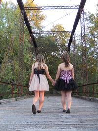 Rear view of friends walking on bridge at forest