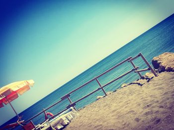 Panoramic view of beach against clear blue sky