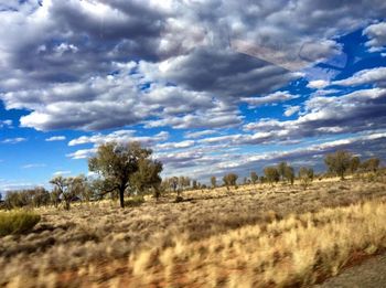 Scenic view of field against cloudy sky