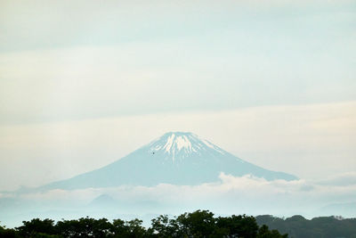 View of volcanic snow-capped mountain against sky