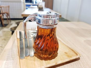 High angle view of drink in glass on table