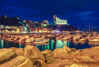 View of city lit up at night