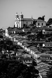 Residential district against clear sky