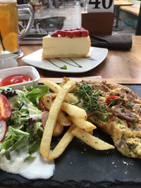 Close-up of food served on table