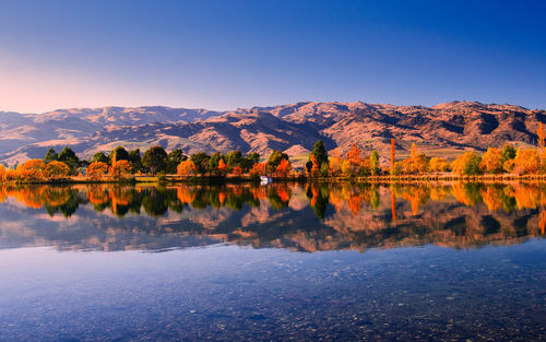 Scenic view of lake by mountains against clear blue sky