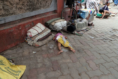 High angle view of people on street