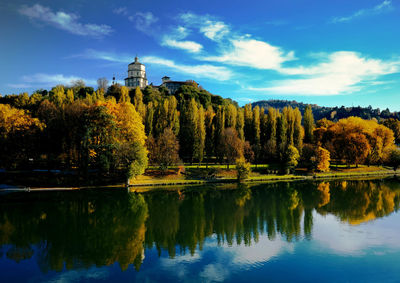 Reflection of trees in lake against sky