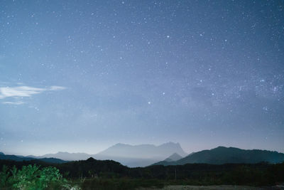 Scenic view of mountains against sky at night