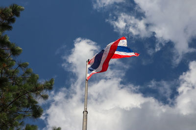 Low angle view of flag against sky