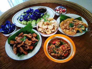 High angle view of meal served on table