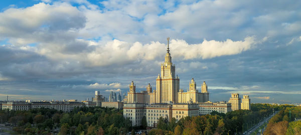 Aerial view of sunny autumn campus of moscow university under blue cloudy sky