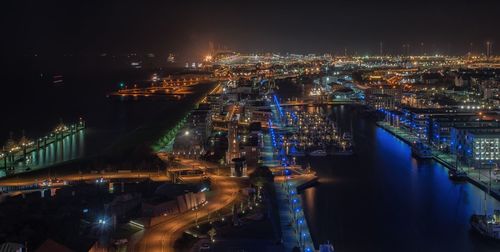 High angle view of illuminated city at night