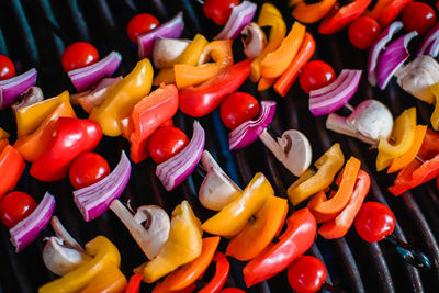 Full frame shot of colorful vegetables roasting on barbecue grill