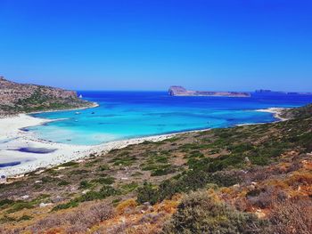 Scenic view of sea against clear blue sky