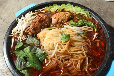 High angle view of food in bowl on table