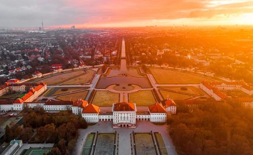 High angle view of city against sky during sunset