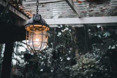 Low angle view of illuminated light bulb hanging from ceiling